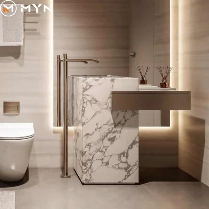 Potted Plants On StandsMeiyani Sintered Stone Bathroom Pedestal Freestanding Washroom Marble Basin Sink With Wooden Drawer