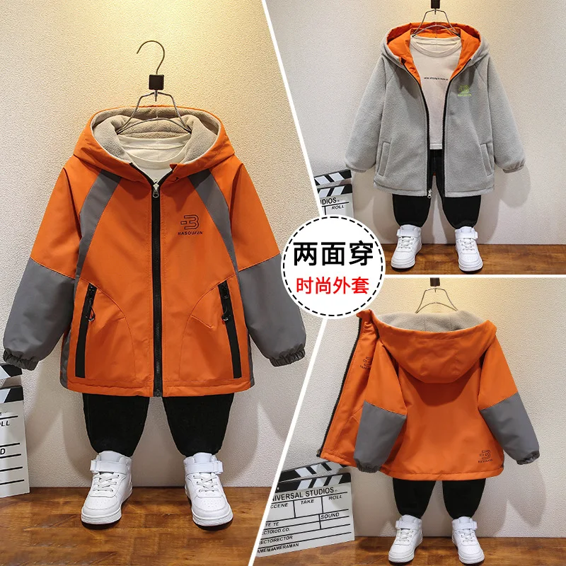 Boys' autumn and winter velvet double-sided jacket 2026 new children's assault jacket spring and autumn top, medium and large ch