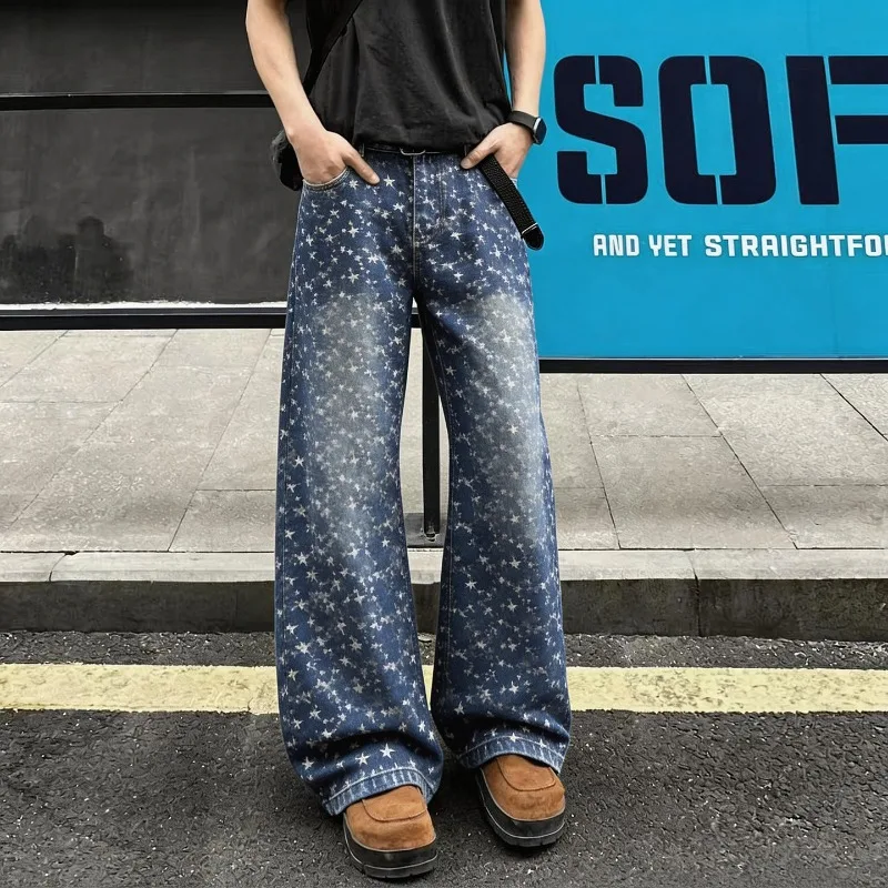 

Man Pants Mens Jeans American Star Print Retro Loose Straight Leg Trousers For Men Casual Long Denim Bottoms