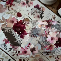 YiEr Studio Vintage Retro Red Flower Washi PET Tape Planner DIY Card Making Scrapbooking Plan Decorative Sticker