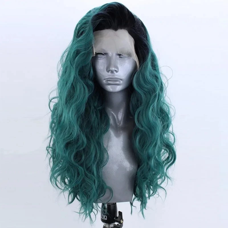 

ZXBMALWIGS Ombre Green Synthetic Lace Front Wig Long Water Wave Wigs for Women Side Part High Temperature Lace Wig Cosplay Wigs