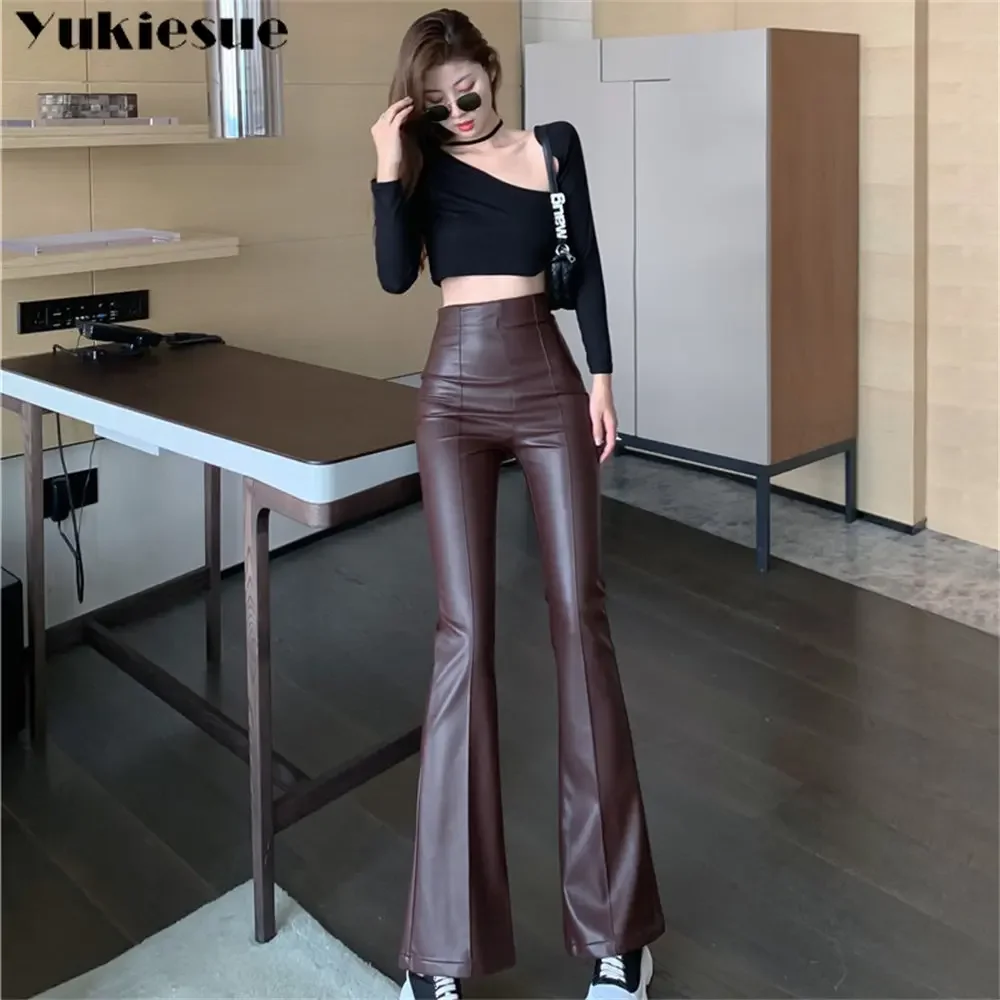 2022 outono inverno do vintage casual calças de cintura alta streetwear couro do plutônio alargamento calças femininas moda elegante calça fina