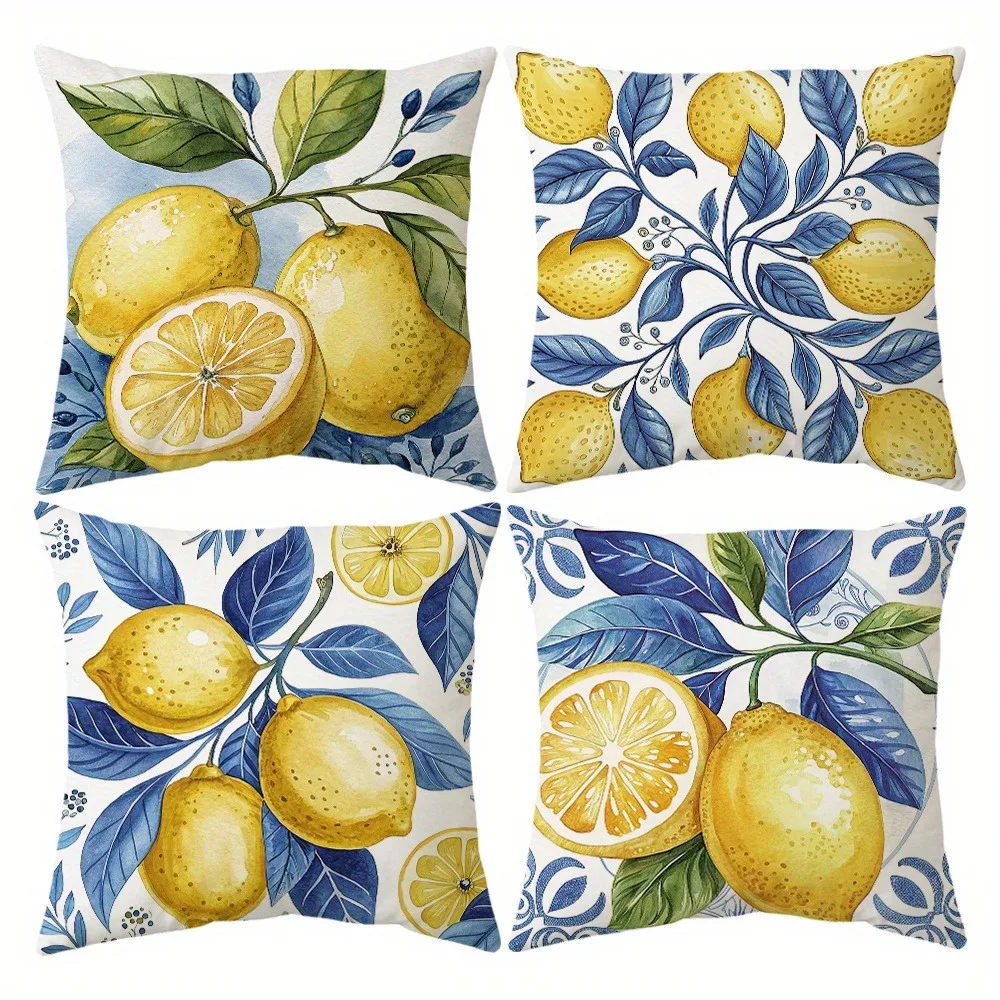 Short plush material pillowcaseBlue - toned Watercolor Lemon Pillow CoversLiving room sofa cushion cover, soft and comfortable,