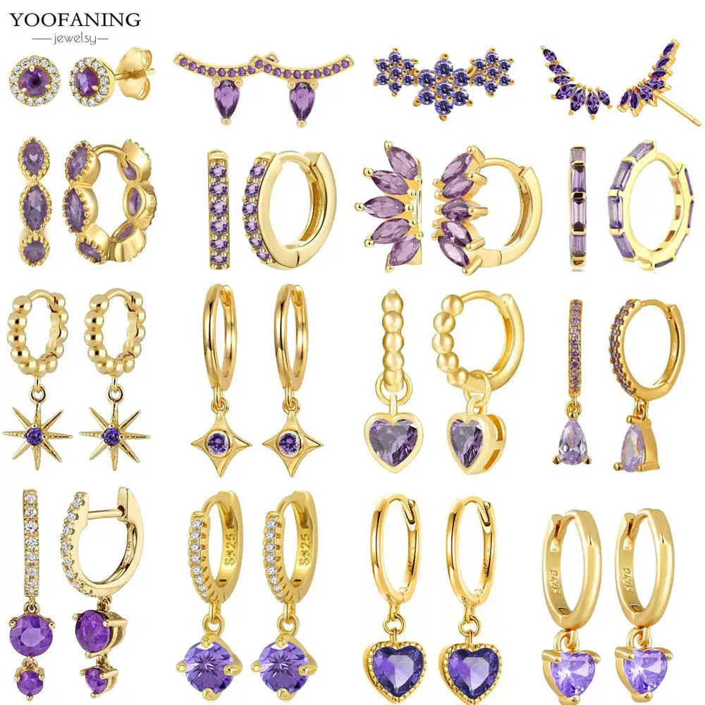 

High Quality 925 Sterling Silver Needle Star Purple Crystal Zircon Hoop Earrings Women Minimalist Stud Earrings Fashion Jewelry