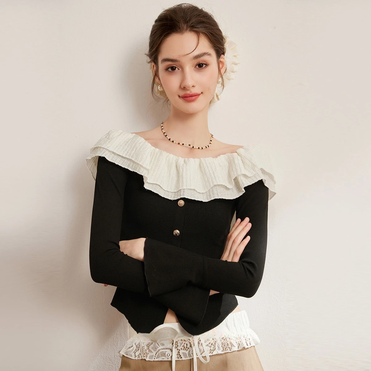 Contrast Colour Slash Neck Shirts Knitwear Fitted Edible Tree Fungus Flare Long Sleeve Women's Blouses Tops Woman Spring 2025
