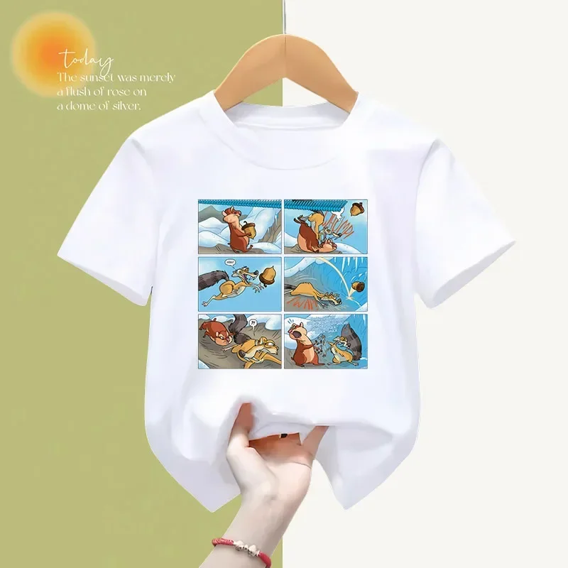 2024 new Summer Ice Age children's T-shirt Mammoth Cartoon cartoon short sleeve casual sports top for boys and girls