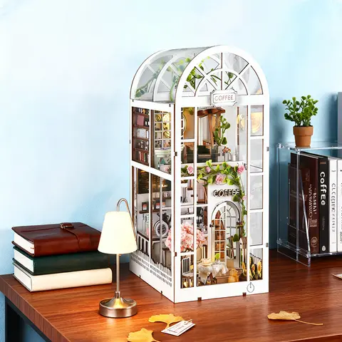 3D Wooden Book Nook Kit Coffee Shop Sunlight Room Miniature Dollhouse for Bookshelf Insert Furniture Puzzle Model