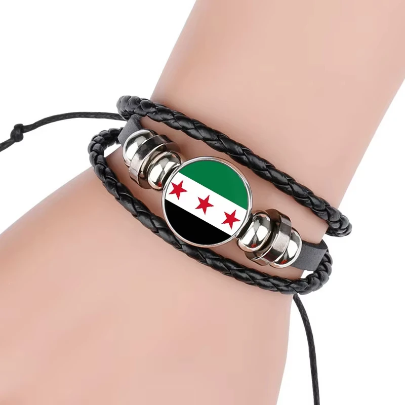 1pc The Syrian Arab Republic Flag Syrianbracelet Three Star Flag Freedom Glass Beads Metal Jewelry Flag Silicone Wristband