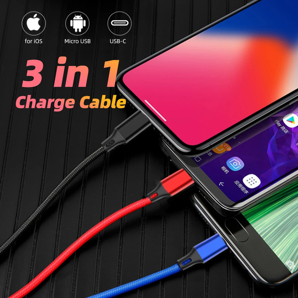 3 In 1 Fast Charging Cord For iPhone Xiaomi Huawei POCO Micro USB Type C Charger Cable Multi Usb Port Multiple Usb Charging Cord