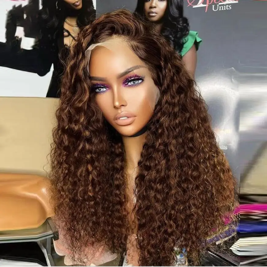 Natural Long Soft 26“ Brown Kinky Curly180Density Deep Lace Front Wig For Women BabyHair Glueless Preplucked Heat Resistant