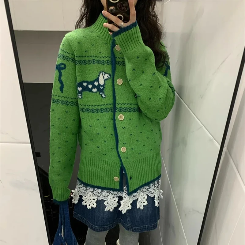 الأخضر خمر الجاكار سترة متماسكة المرأة الحلو Preppy كم طويل س الرقبة سترة الكورية فضفاضة عادية Harajuku زر القمم جديد