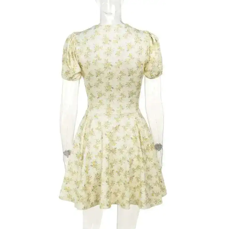 Abito sexy stampato floreale Donna 2025 Estate elegante scollo a V manica a sbuffo Slim pieghettato Mini abiti corti Club Party Vestidos