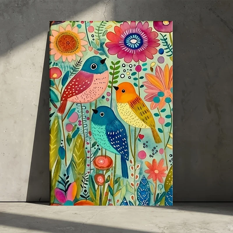 1pc Premium Packaging Canvas Painting Large Poster, Vintage Style Canvas Art, Colorful Abstract Floral And Bird Pattern