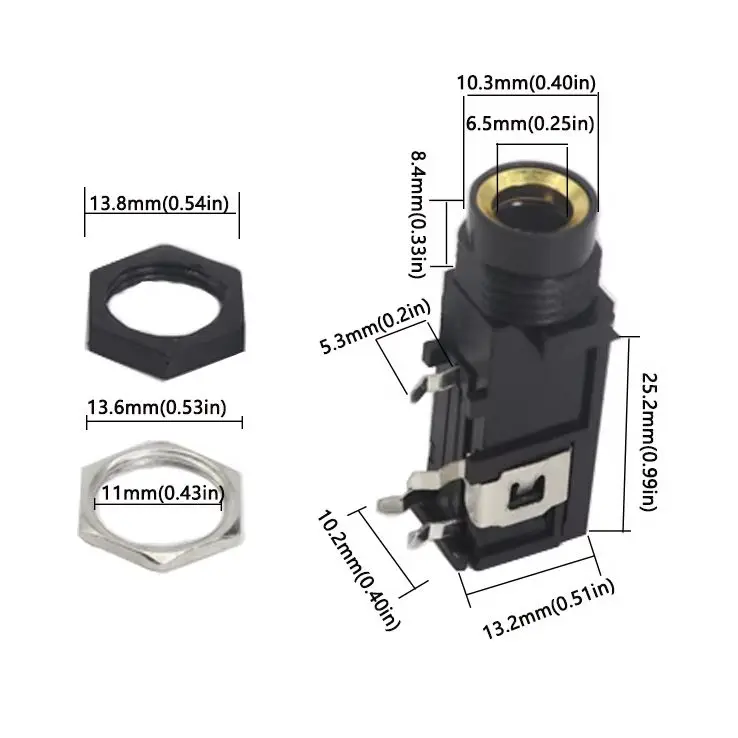 【10PCS】 6.35mm / 6.5mm Jack Gold Plated 4P Stereo Dual Channel Microphone Socket 6.35 /6.5 Audio Straight jack Connector