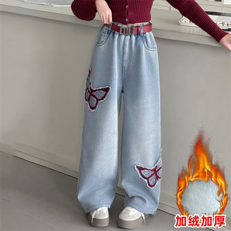 4-14 winter teen girls Thick velvet jeans belt set junior butterfly Wide leg pants children floor trousers calca jeans infantil