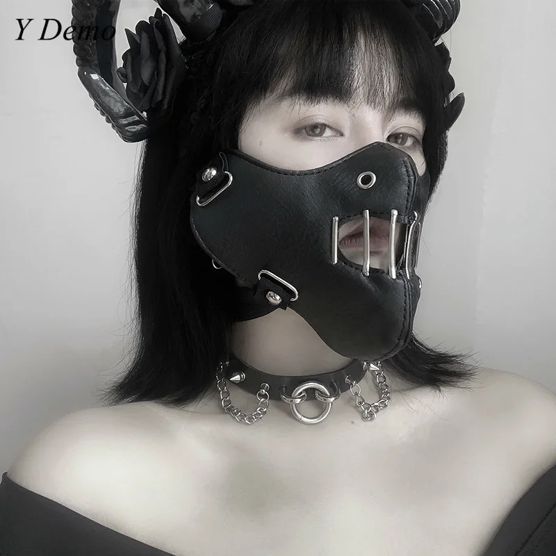 Y Demo Punk Pu Leather Hollow Out Rivets Mask Unisex Rock Streetwear Stretchy Cosplay Masks