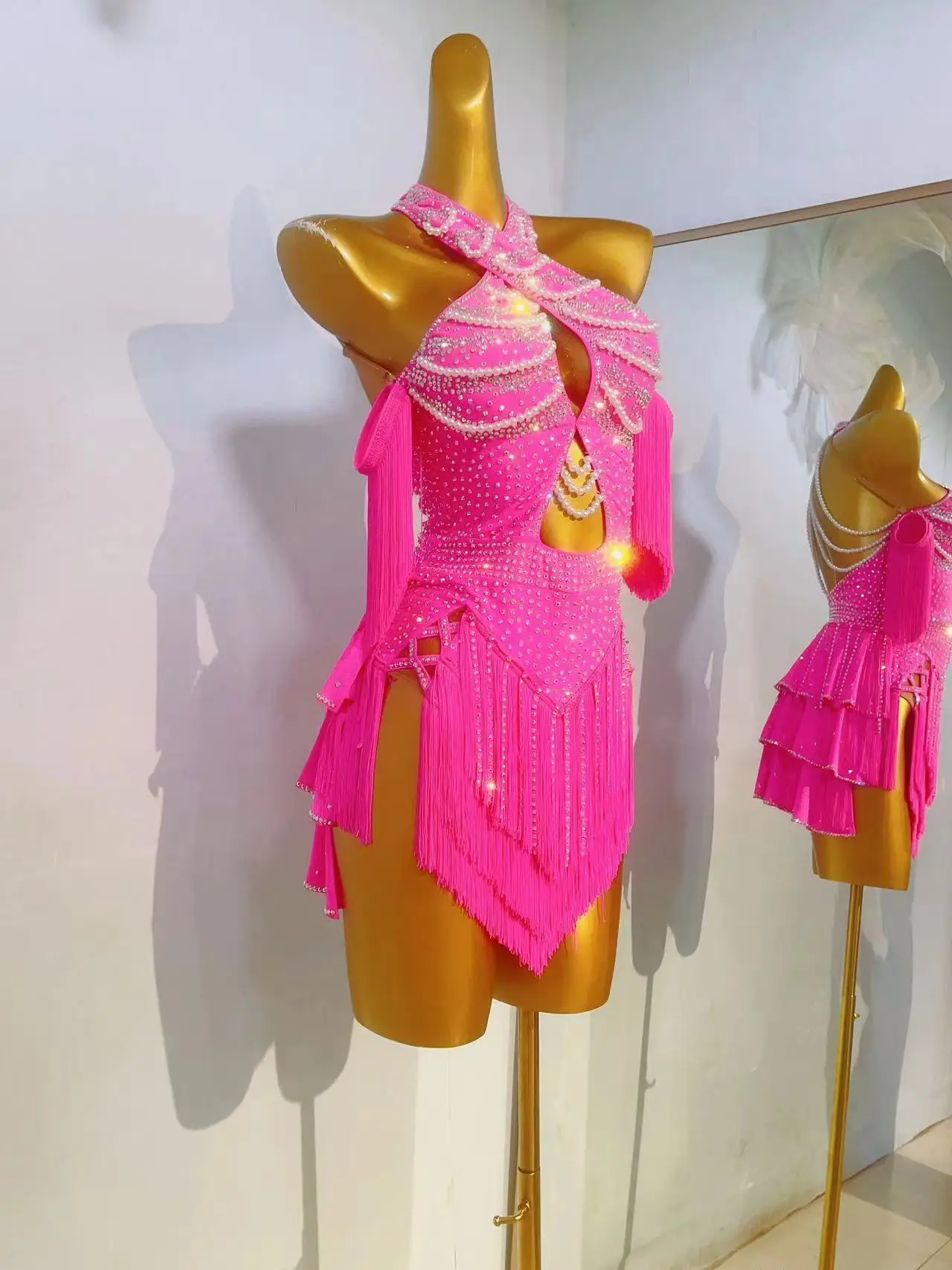 Latin Dance Dress Customized Exquisite Pearl Tassel Dress Adult and Children Tango Samba Cha Cha Dance Competition Dresses