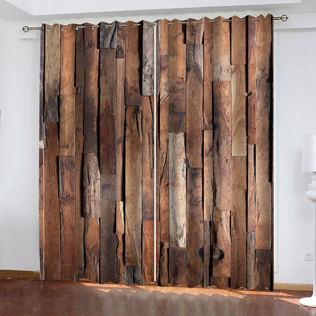 

HUANZHUANG Luxury Curtains For Living Room On Sale Retro Wood Grain Art 2 Pieces Fashion Window Curtain For Living Room