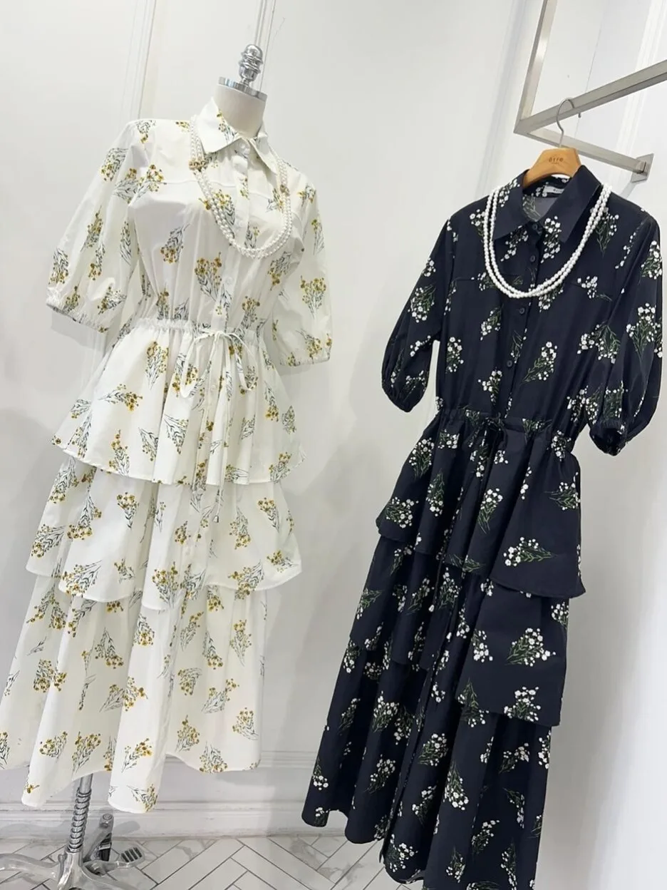 Vestido e con falda de pastel Floral y lazo en la cintura, lazos de manga media, cuello redondo, vestido largo en form...