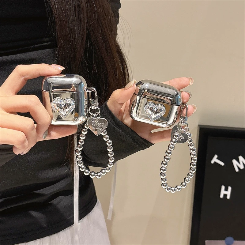 Luxuriöse Glitzer-Diamant-Kopfhörerhülle aus galvanisiertem Silber für Airpods 4, 2024, 3, 1, Pro 2, Abdeckung für Airpods Pro2, Herz-Schlüsselanhänger