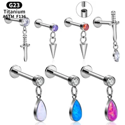 ASTM F136 Titanium 16G Double CZ sword Opal ciondola Tragus Helix cartilagine Stud con filettatura interna Charm Drop orecchino Piercing