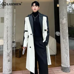 LUZHEN Korean Stylish Long Windbreaker Coat Men's Autumn Color Contrast Splicing Design Trendy Original Leather Outerwear C98683