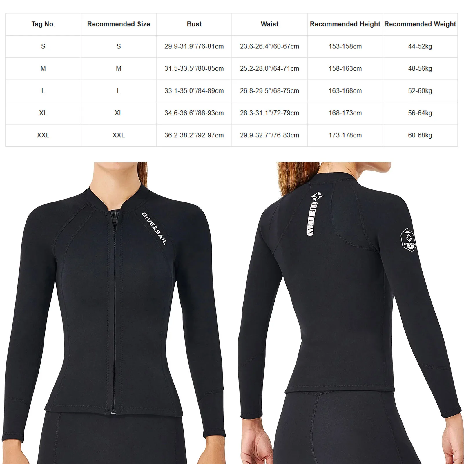 Womens 2mm Neoprene Wetsuit Tops Black Thermal Rash Guard Swimsuit Long Sleeve Zipper Jacket Surfing Diving Snorkeling Coat