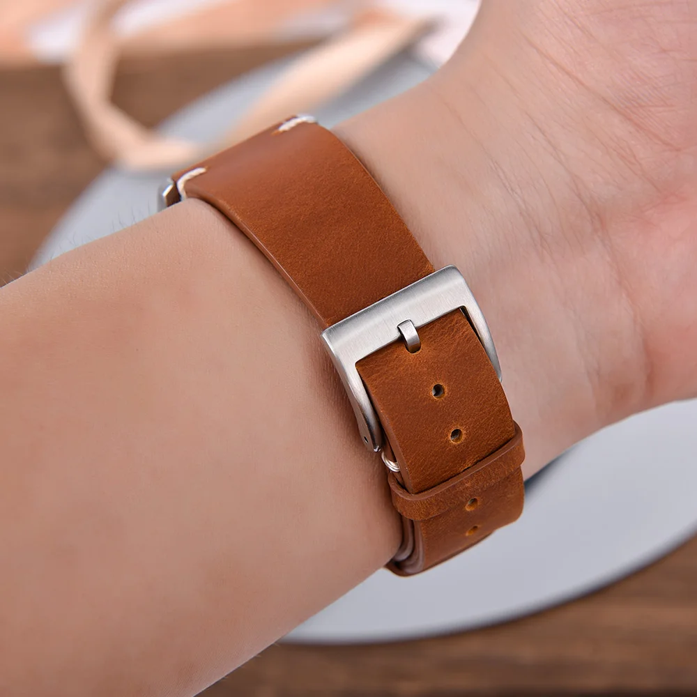 Vintage Stitched Leather Watch Strap 18mm 20mm 22mm Cowhide Leather Watchband For Huawei Watch Belt Quick Release Bracelet