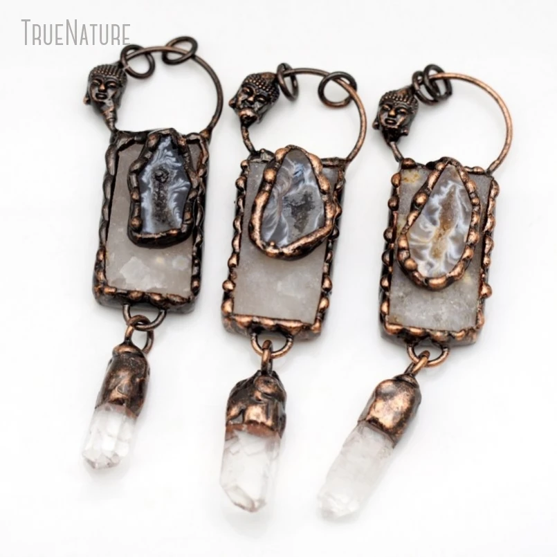 5Pcs Antique Bronze Color Clear Crystal Agates Geode Vintage Handmade Jewelry Buddha Head Rectangle Point Pendant PM48559