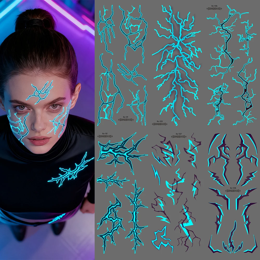 

Временные татуировки, светящиеся в темноте — 6 листов Kpop, готические, синие, фиолетовые, молния и вены, боди-арт, водонепроницаемые татуировки для женщин