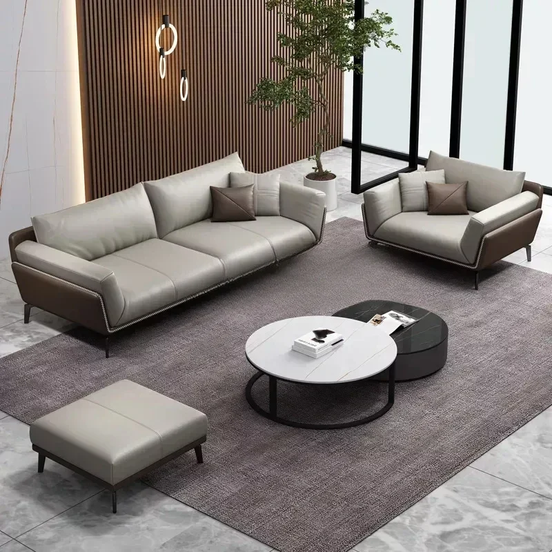 Combination Leather Minimalist Sofa Western Cowhide Luxury One Two Three Person Modern Living Room Office Business Reception