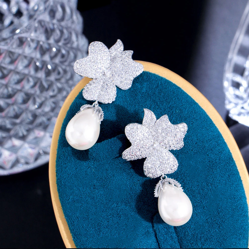 BeaQueen Floral Full Pave CZ Dangle Earrings Teardrop Imitation Pearl Drop Earring Women Bridal Wedding Banquet Jewelry E582