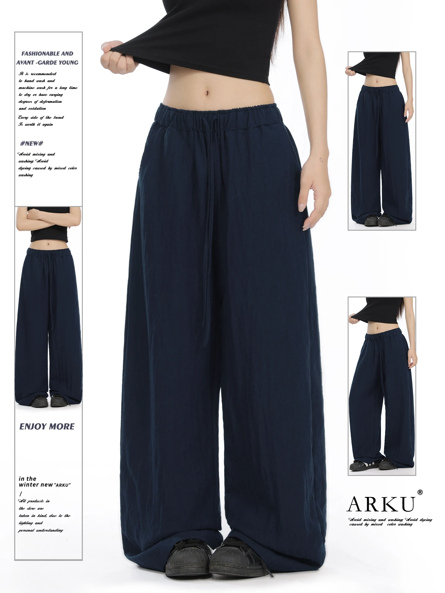 

ARKU Summer Lightweight Loose Women's Casual Pants Linen Drapey Wide Leg Straight Cut Dark Blue Color Breathable