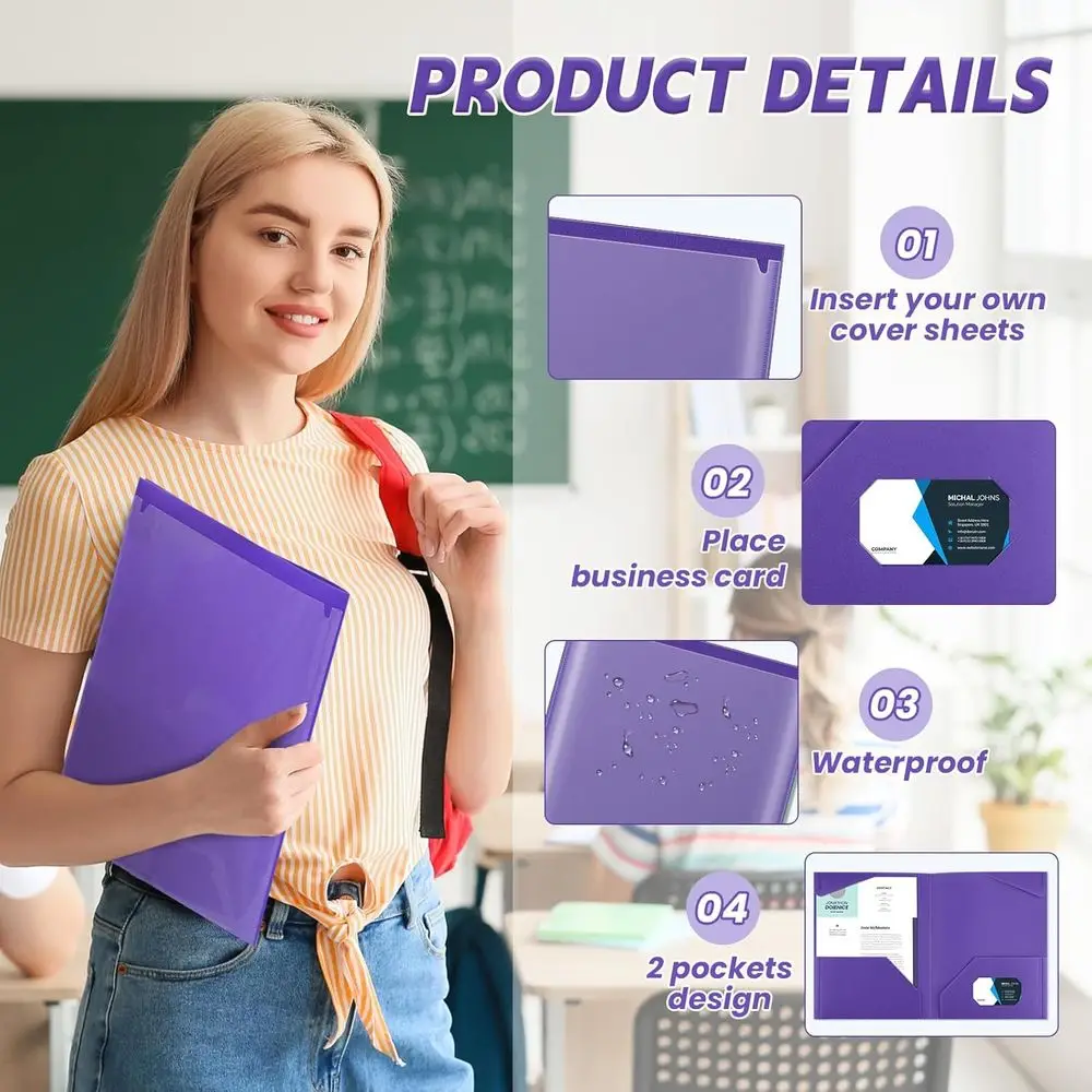 Carpetas de archivos de plástico resistentes con bolsillos frontales transparentes y ranura para tarjetas, 150 paquetes, moradas, ideales para el regreso a la escuela y la oficina S