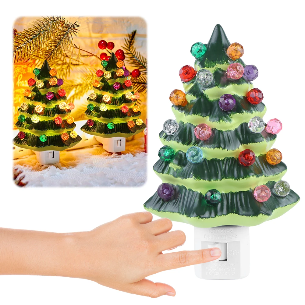 Christmas Tree Night Light Christmas Tree Statue Light Decorative Miniature Xmas Tree Light with Colorful Balls for Party Favors