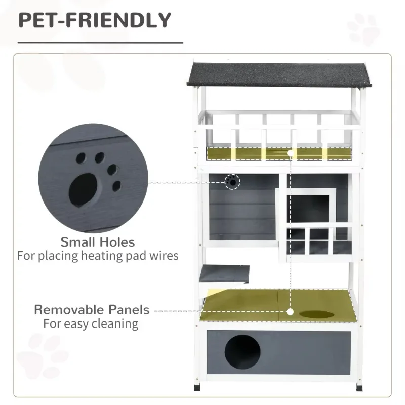 Wooden Outdoor Cat House, Cat Tree ,Feral Cat Shelter Kitten Tree with Asphalt Roof, Escape Doors, Condo, Jumping Platform