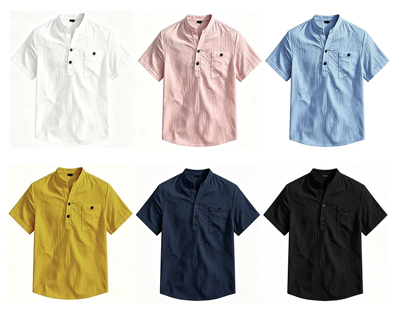2026 Neues Herren Kurzarm Henley-Shirt mit Stehkragen und Tasche, Locker Geschnitten, Sommer Strand Alltags-Freizeitoberteil – Detail 14