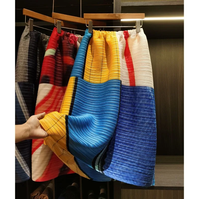 Miyake Pleated Skirt New Spring Summer 2026 Color-Block Printed Pleated Stylish Elastic Waist Mid-Length Skirt for Women Pleat