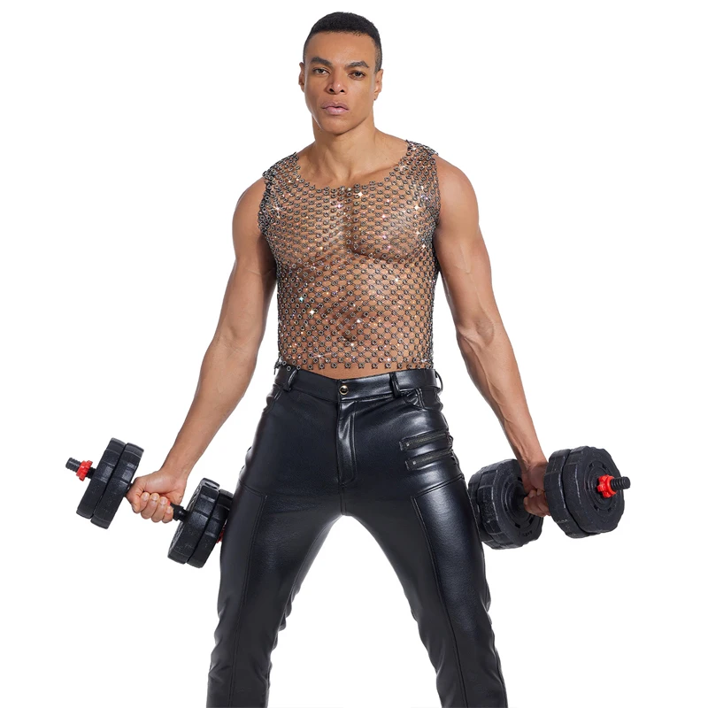 Herren Strass-Netz-Tanktop Schwarz Kristall-Mesh Ärmelloses Transparentes Crop-Top Nachtclub Party Festival Rave Weste футболка+женская – Detail 1