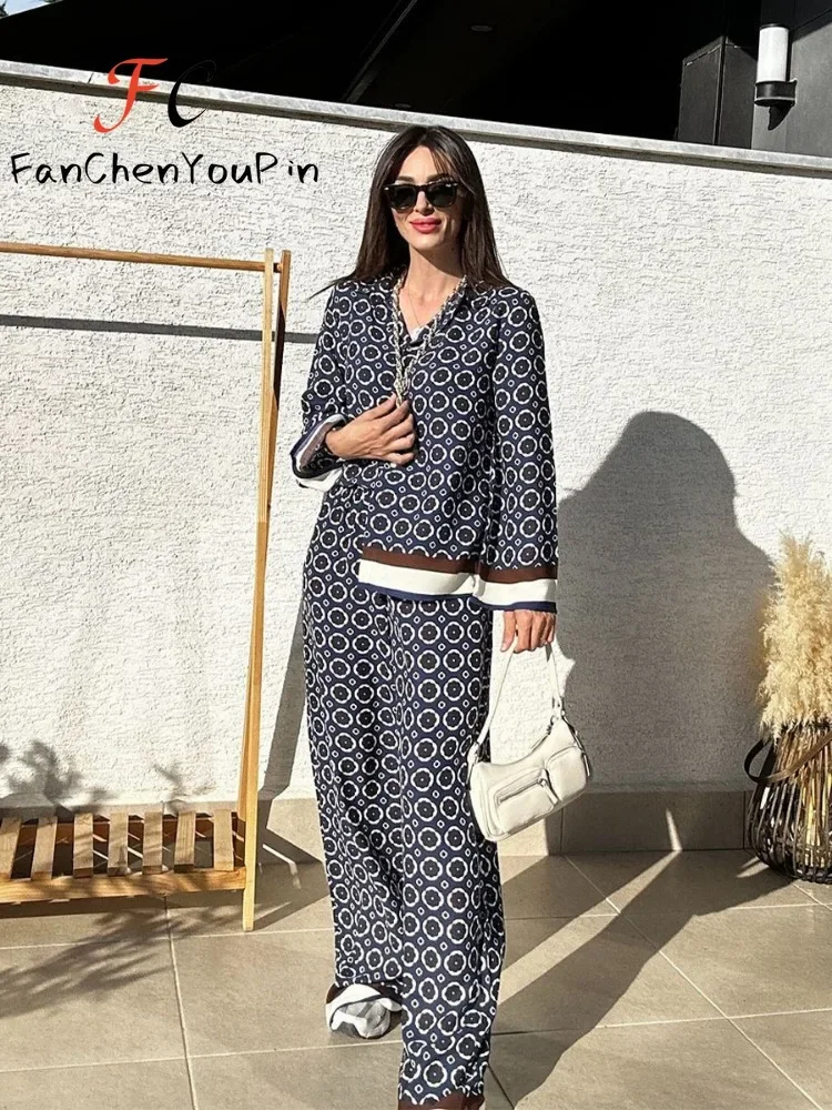 New Women's Set Fashion Casual Print Elegant Long-sleeved Shirt Loose High Waist Wide Leg Trousers Laziness 2 Piece Set Women