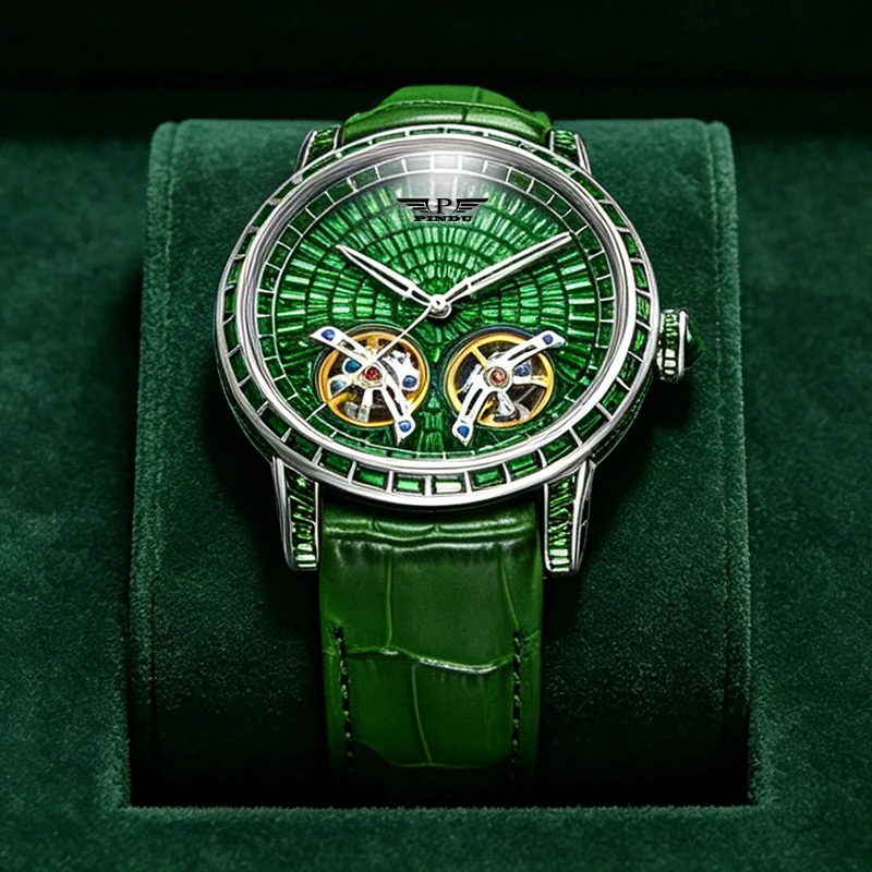 Mechanical Watch Men PINDU Design Top Luxury Double Flying Wheel Watch Sapphire Glass Waterproof Diamond Watch Leather P6656 Box