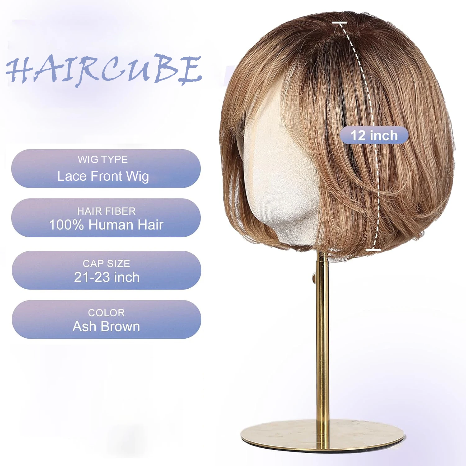 12 In Lace Front Human Hair Wigs for Women Light Brown Short Layered Wavy Bob Wig with Bangs Remy Human Hair Wigs for Daily Use