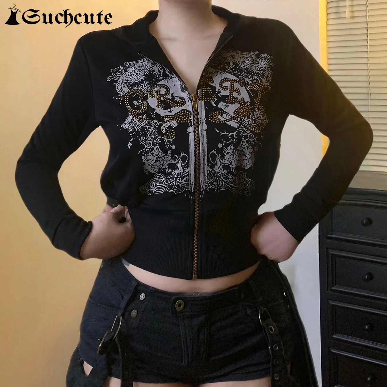 

SUCHCUTE Gothic Dark Printed Slim Coat For Women Streetwear Hooded Zip Up Sweatshirt Vintage Jacket Y2K Aesthetic Outwear Autumn