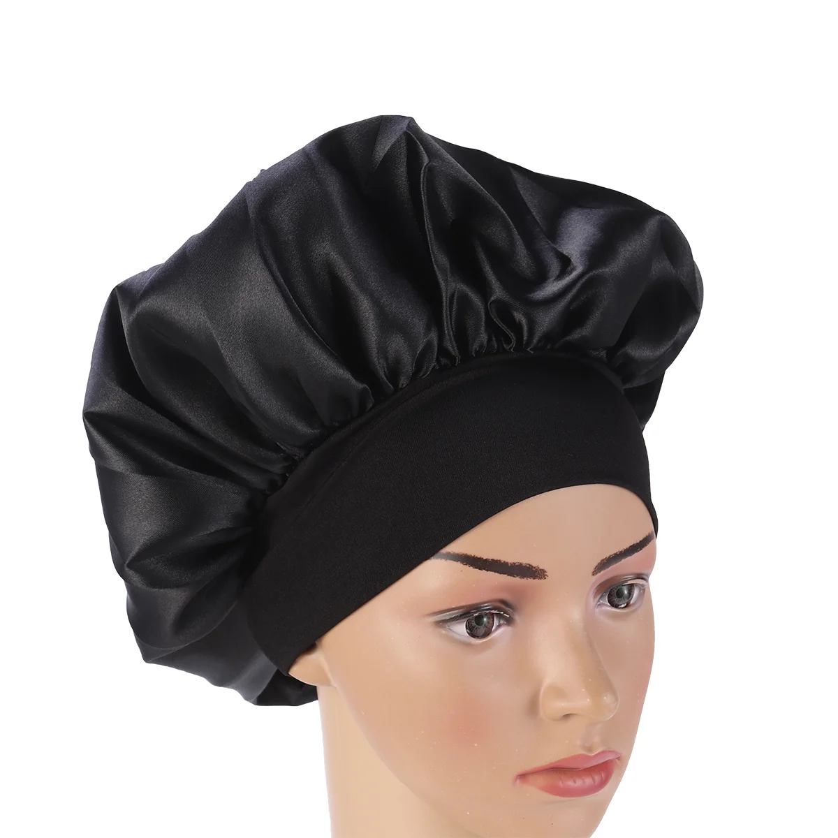 56 -58cm Silk Sleep Bonnet Wide Side Sleeping Cap High Elasticity Resilience Black Women's