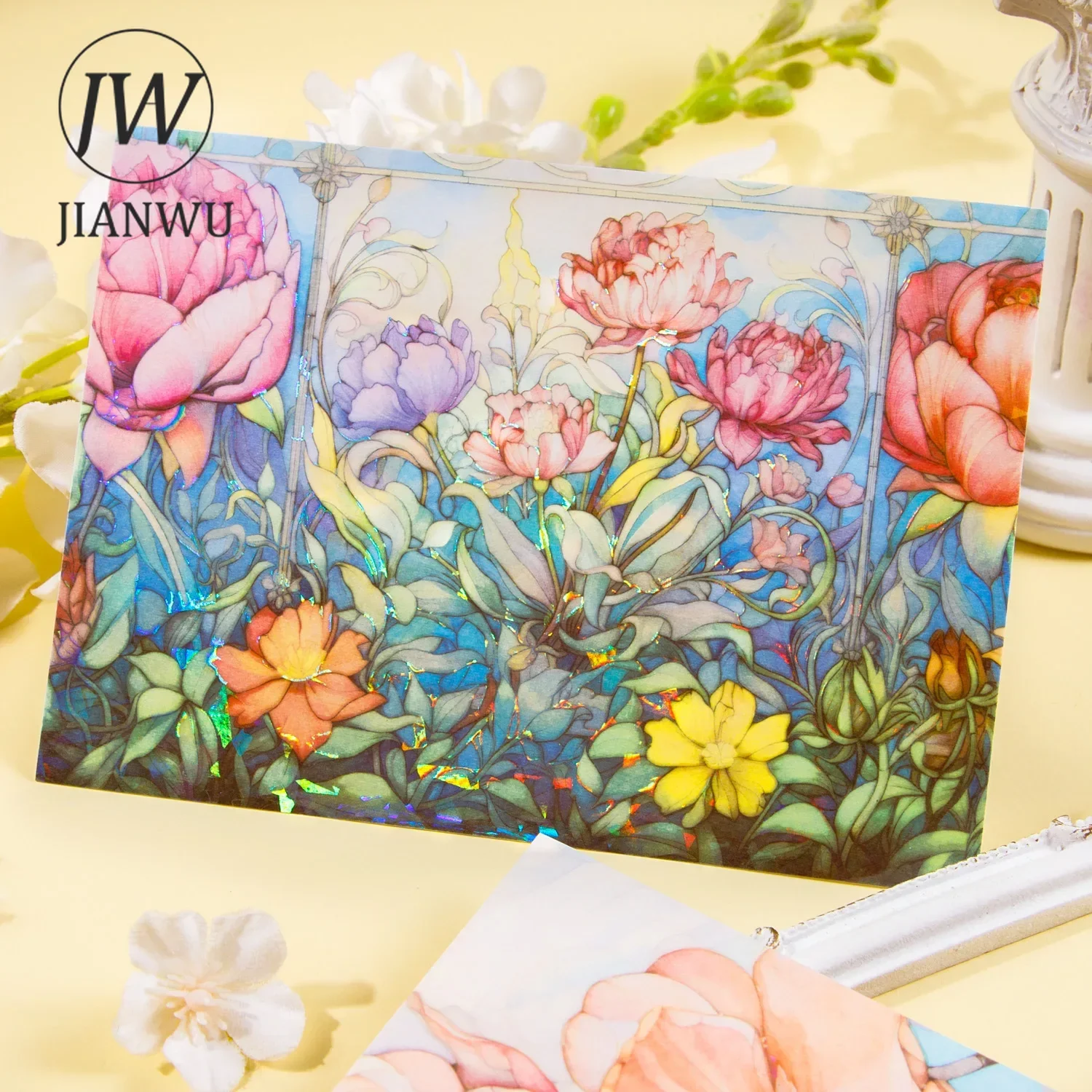 JIANWU 5 Sheets Flowers Covered in Glass Series Vintage Flower Decor Material Sticker Creative DIY Journal Collage Stationery