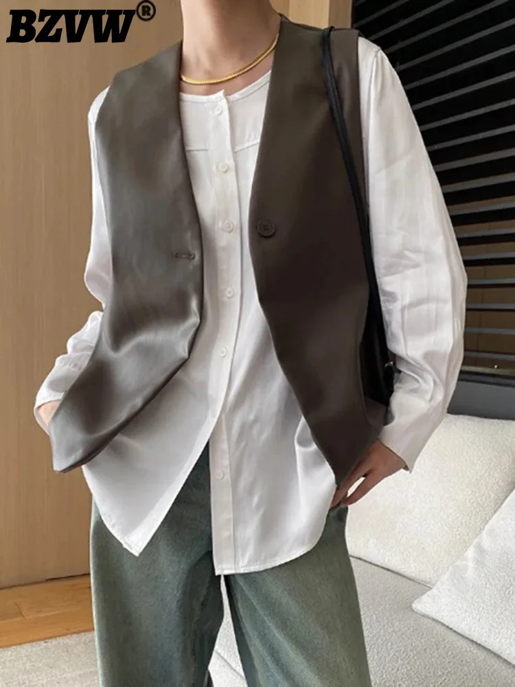 

BZVW Office Lady Vest For Women V-neck Sleeveless Single Button Solid Color PU Leather Coat 2024 Autumn New Clothing 25A8713