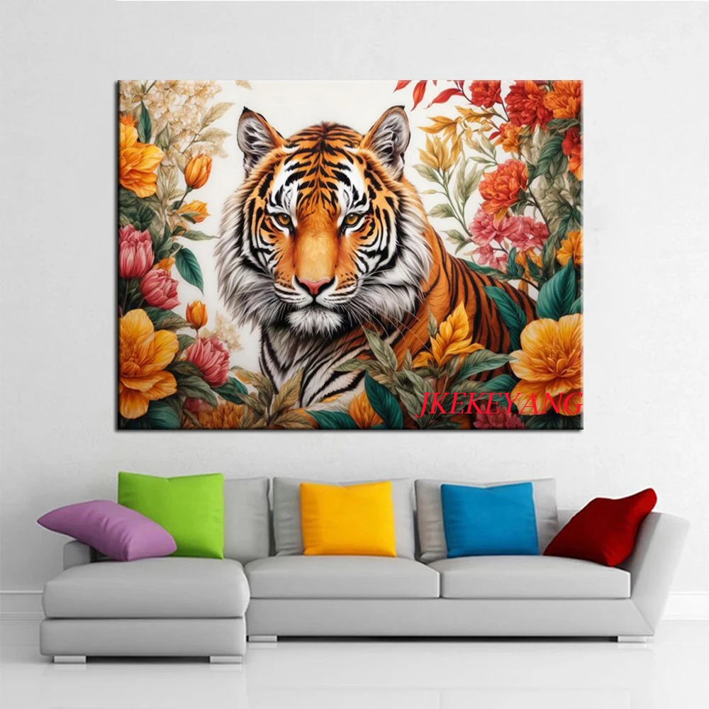 Diy Diamond Painting Mosaic Tiger and Flower Full Square Round Cross Stitch Embroidery Handmade Wall Decor