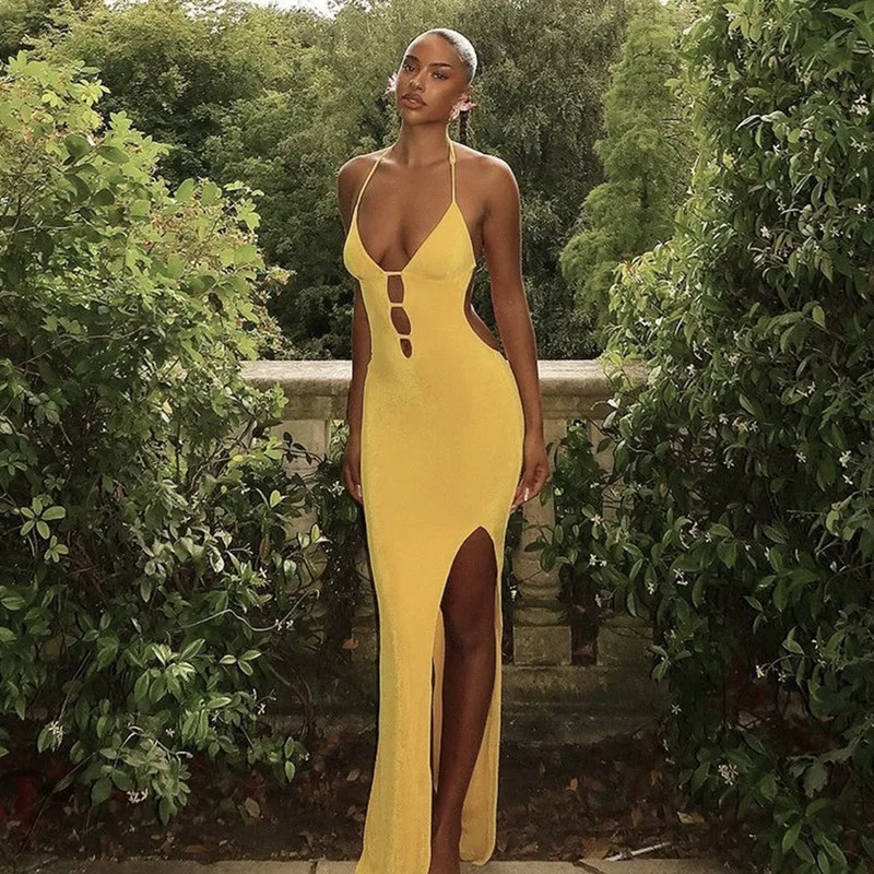 

Summer Women's Clothing Sexy Hollow Backless V-neck Slim Split Fork Solid Color Long Neck Dress Women