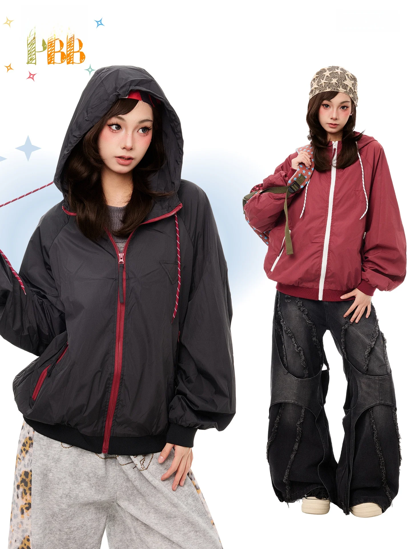 PBB American Retro Outdoor Hooded Jacket Women Loose Color Block Sun Protection Sports Functional Zipper Coat Casual Style