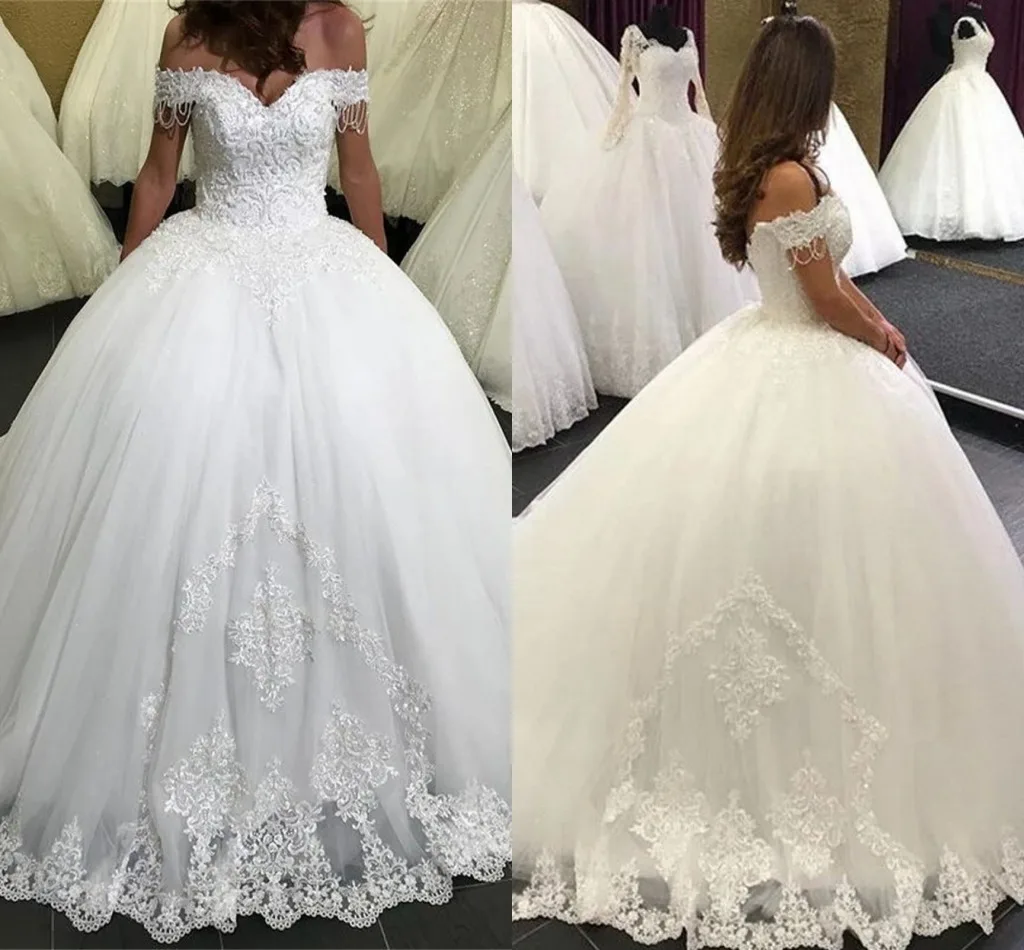 تخصيص العربية Aso Ebi Ballgown فستان الزفاف Vestido De Noiva قبالة الكتف الدانتيل يزين منتفخ تنورة فستان زفاف